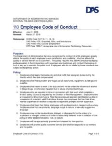 DEPARTMENT OF ADMINISTRATIVE SERVICES INTERNAL POLICIES AND PROCEDURES 110 Employee Code of Conduct Effective: Revised: