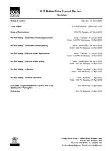 2012 Bulloo Shire Council Election Timetable Notice of Election Close of Roll Close of Nominations Pre-Poll Voting - Declaration (Postal) Applications