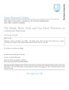 Open Research Online The Open University’s repository of research publications and other research outputs The Seidel, Stern, Stolz and Van Vleck Theorems on continued fractions