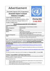 Advertisement Associate Experts (JPO) Programme Associate Expert in Sexual Violence in Conflict United Nations Secretariat,