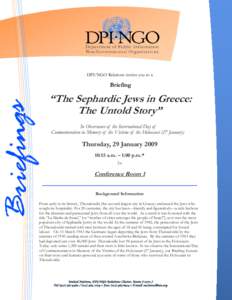 DPI/NGO Relations invites you to a  Briefing “The Sephardic Jews in Greece: The Untold Story”