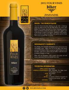 2012 FOUR VINES  ZINFANDEL BIKER: THE POWER PLAYER Like that driven-but-dusty feeling you get after a satisfying road trip, Biker bursts with the bold flavors for which Paso