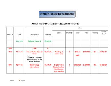 Metter Police Department ASSET and DRUG FORFEITURE ACCOUNT 2013 Item Check #