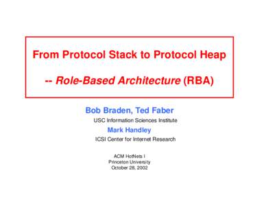 From Protocol Stack to Protocol Heap -- Role-Based Architecture (RBA) Bob Braden, Ted Faber USC Information Sciences Institute  Mark Handley