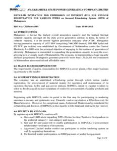 MAHARASHTRA STATE POWER GENERATION COMPANY LIMITED DETAILED INVITATION FOR EXPRESSION OF INTEREST (EOI) FOR VENDOR REGISTRATION FOR VARIOUS ITEMS on Secured E-tendering System (SETS) of Mahagenco EOI No.: CE(Stores)/001