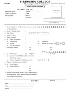 Form No.-  SITANANDA COLLEGE [Download version] P.O.- Nandigram :: Dist.- Purba Medinipur Application for Admission