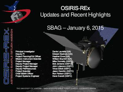 Updates and Recent Highlights SBAG – January 6, 2015 THE UNIVERSITY OF ARIZONA – NASA GODDARD SPACE FLIGHT CENTER – LOCKHEED MARTIN  OSIRIS-REX DEFINED