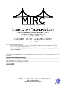 LEGISLATIVE TRACKING LIST: CURRENT LEGISLATION IN MICHIGAN RELATED TO IMMIGRATION, CITIZENSHIP STATUS, AND MIGRANT FARM WORKERS  STATE BILLS – [removed]LEGISLATIVE SESSION