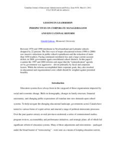 Canadian Journal of Educational Administration and Policy, Issue #130, March 5, 2012. © by CJEAP and the author(s). LESSONS IN LEADERSHIP: PERSPECTIVES ON CORPORATE MANAGERIALISM AND EDUCATIONAL REFORM
