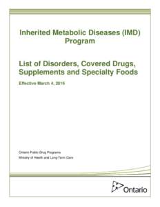 IMD Program List of Disorders, Covered Drugs, Supplements and Specialty Foods