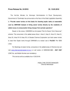 Press Release NoDtThe Hon’ble Minister for Municipal Administration & Rural Development, Government of Tamilnadu has announced on the floor of the State Legislative Assembly