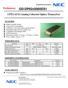 Preliminary  OD-DP02x0000DS1 CFP2-ACO (Analog Coherent Optics) Transceiver FEATURES