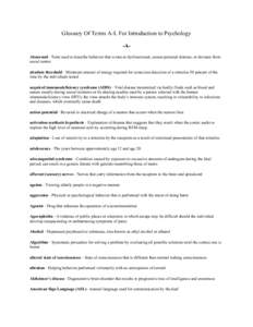 Glossary Of  Terms A-L For Introduction to Psychology