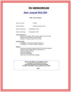 In memorium Alan Joseph BULGIN Rank: Lance Corporal Service number: