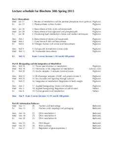 Lecture schedule for Biochem 508: Spring 2015 Part I: Biosynthesis Wed Jan 21 Fri Jan 23