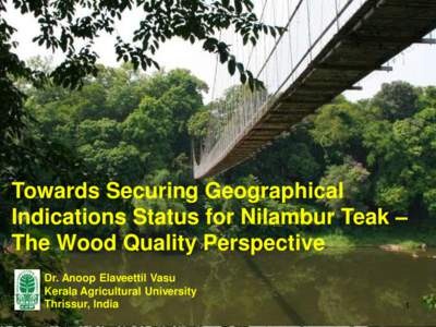 Towards Securing Geographical Indications Status for Nilambur Teak – The Wood Quality Perspective Dr. Anoop Elaveettil Vasu Kerala Agricultural University Thrissur, India