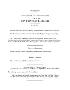 SIXTEENTH DAY FOURTH COUNCILMANIC YEAR – SESSION OFJOURNAL CITY COUNCIL OF BALTIMORE June 9, 2003