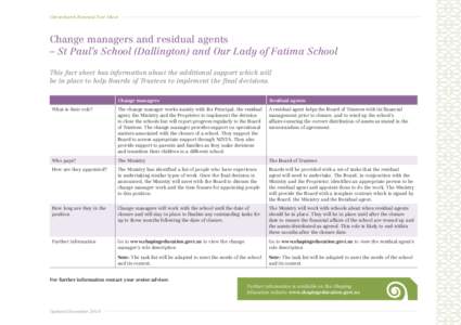 Christchurch Renewal Fact Sheet  Change managers and residual agents – St Paul’s School (Dallington) and Our Lady of Fatima School This fact sheet has information about the additional support which will be in place t