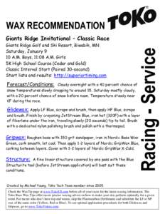WAX RECOMMENDATION Giants Ridge Golf and Ski Resort, Biwabik, MN Saturday, January 9 10 A.M. Boys, 11:08 A.M. Girls 5K High School Course (Cedar and Gold) Classic Interval Start (Paired 30-second)