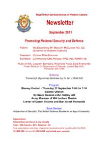Royal United Services Institute of Western Australia 	
   Newsletter 	
  