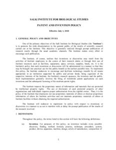    	
   SALK INSTITUTE FOR BIOLOGICAL STUDIES PATENT AND INVENTION POLICY