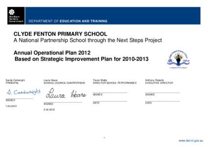 DEPARTMENT OF EDUCATION AND TRAINING  CLYDE FENTON PRIMARY SCHOOL A National Partnership School through the Next Steps Project Annual Operational Plan 2012 Based on Strategic Improvement Plan for[removed]