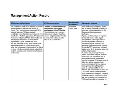 Management Action Record IEG Findings and Conclusions IEG Recommendations  With the evolution in the nature of fragility and conflict