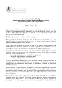 Conclusions of the Joint Meeting of the French Academy of Sciences and the Academies of Sciences of the New Member States of the European UnionMay, 2005