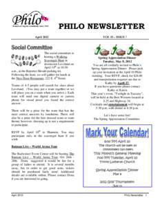 PHILO NEWSLETTER April 2012 VOL 15 – ISSUE 7  Social Committee