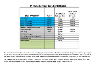 JA Flight Services 2015 Rental Rates   2015  RATE SHEET  RedBird XMS  Cessna 162  Cessna 172 w/G1000 