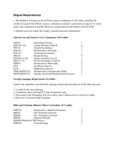 Degree Requirements 1. The Bachelor of Science in Social Work requires completion of 120 credits, including 40 credits in required Social Work courses, a minimum cumulative grade point average of 2.5 in the major, and co