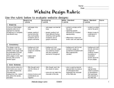 Name _________________________ Date ________________________ Website Design Rubric Use the rubric below to evaluate website designs: Beginning