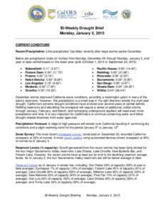 Bi-Weekly Drought Brief Monday, January 5, 2015 CURRENT CONDITIONS Recent Precipitation: Little precipitation has fallen recently after large storms earlier December. Below are precipitation totals (in inches) from Monda