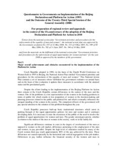Questionnaire to Governments on Implementation of the Beijing Declaration and Platform for Actionand the Outcome of the Twenty-Third Special Session of the General AssemblyFor preparation of regional revi