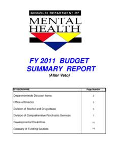 FY 2011 BUDGET SUMMARY REPORT (After Veto) DIVISION NAME