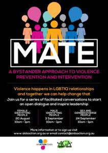 MATE  A BYSTANDER APPROACH TO VIOLENCE PREVENTION AND INTERVENTION Violence happens in LGBTIQ relationships and together we can help change that