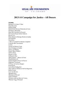Campaign for Justice - All Donors $10,000+ Richard N & Anne C Baer BakerHostetler Ballard Spahr Bartlit Beck Herman Palenchar & Scott