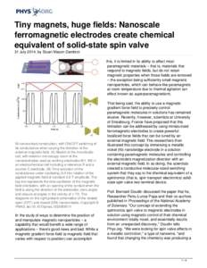 Tiny magnets, huge fields: Nanoscale ferromagnetic electrodes create chemical equivalent of solid-state spin valve