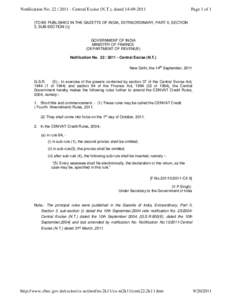 Notification NoCentral Excise (N.T.), datedPage 1 of 1 [TO BE PUBLISHED IN THE GAZETTE OF INDIA, EXTRAORDINARY, PART II, SECTION 3, SUB-SECTION (i)]