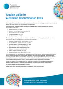 A quick guide to Australian discrimination laws Over the past 30 years the Commonwealth Government and the state and territory governments have introduced laws to help protect people from discrimination and harassment. T