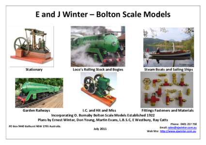 E and J Winter – Bolton Scale Models  Stationary Loco’s Rolling Stock and Bogies