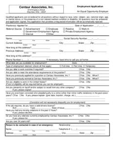 Employment Application  Centaur Associates, Inc. 819 Kingsbury Street Maumee, Ohio 43537