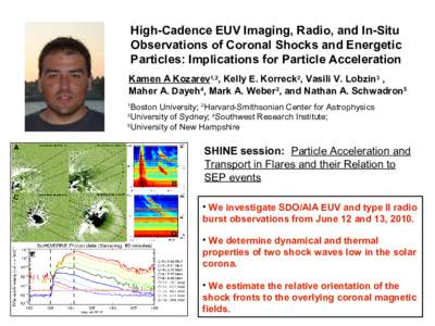 High-Cadence EUV Imaging, Radio, and In-Situ Observations of Coronal Shocks and Energetic Particles: Implications for Particle Acceleration Kamen A Kozarev1,2, Kelly E. Korreck2, Vasili V. Lobzin3 , Maher A. Dayeh4, Mark