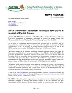 News release - MFDA announces settlement hearing to take place in respect of Patrick Cronin