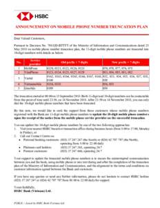 ANNOUNCEMENT ON MOBIILE PHONE NUMBER TRUNCATION PLAN Dear Valued Customers, Pursuant to Decision No. 798/QD-BTTTT of the Ministry of Information and Communications dated 25 May 2018 on mobile phone number truncation plan