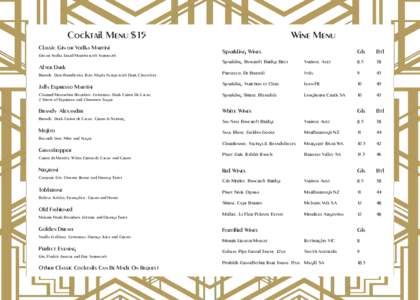 Cocktail Menu $15 Classic Gin or Vodka Martini Gin or Vodka based Martini with Vermouth Wine Menu Sparkling Wines