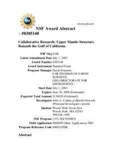 AWSFL008-DS3  NSF Award Abstract - #Collaborative Research: Upper Mantle Structure Beneath the Gulf of California