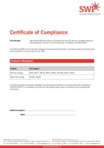 Specialised Welding Products Ltd  Certificate of Compliance EC Declaration