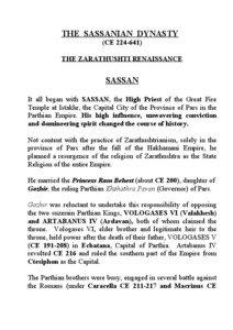 THE SASSANIAN DYNASTY (CE[removed]THE ZARATHUSHTI RENAISSANCE