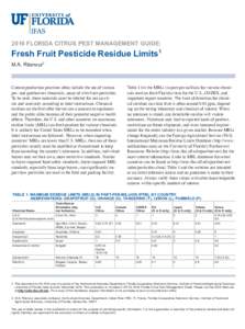 2016 FLORIDA CITRUS PEST MANAGEMENT GUIDE:  Fresh Fruit Pesticide Residue Limits1 M.A. Ritenour2  Current production practices often include the use of various